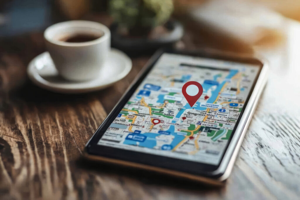 Mobile phone screen showing Google Maps with a red location marker
